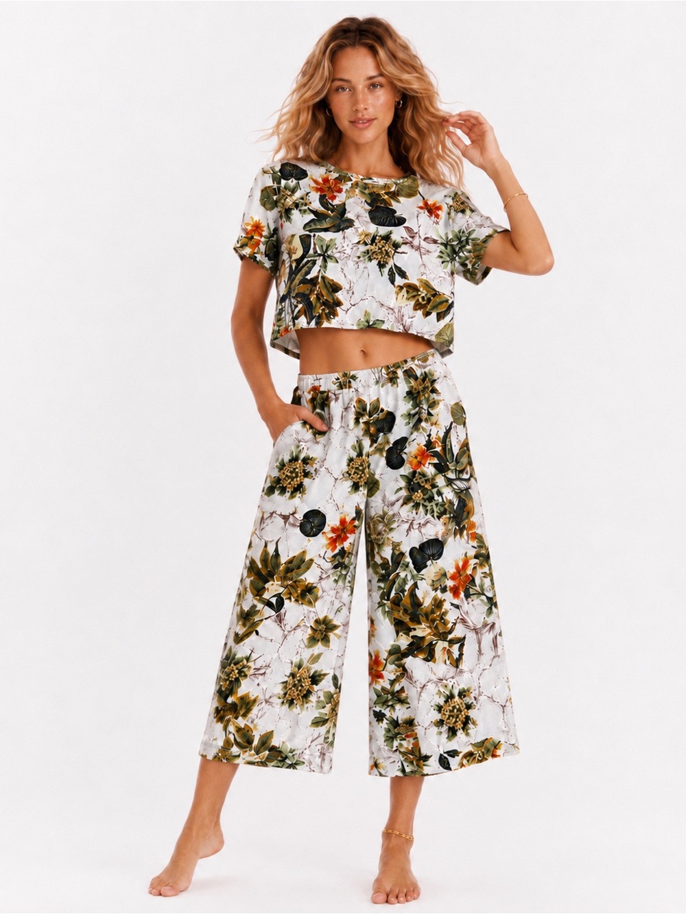 Depending on the Horizon Boho Tropical Floral 2 Piece Wide Leg Set Size S NWT